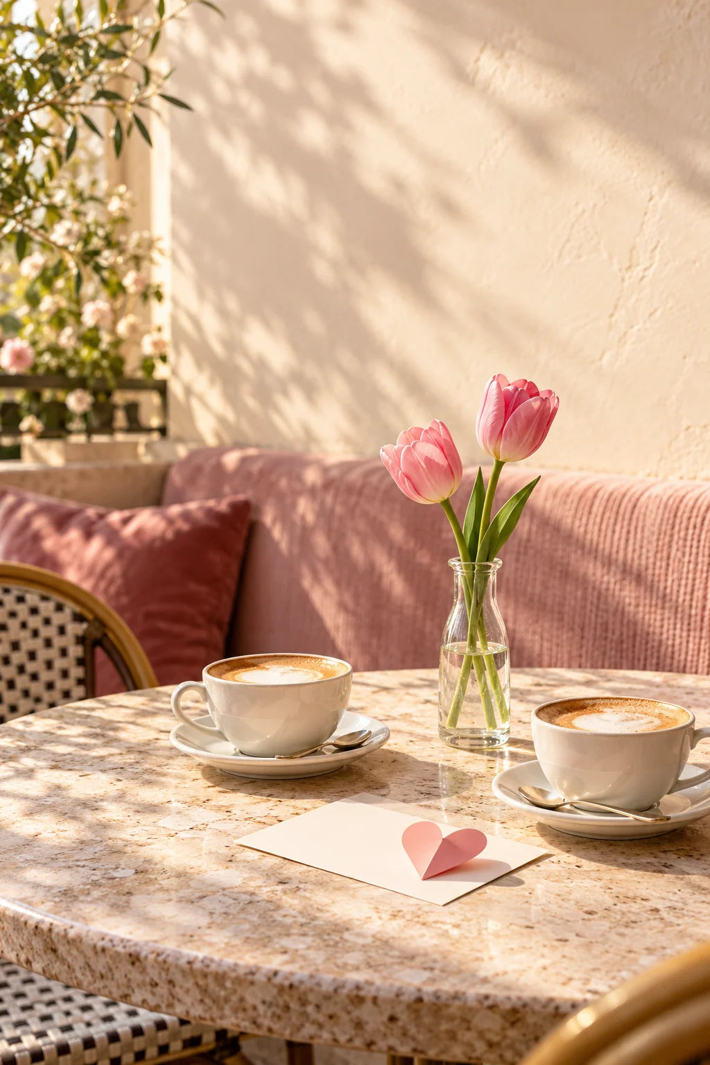 Two coffees, pink tulips and a paper heart on a sunlit café table