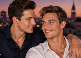 Two illustrative adult men smiling together on a rooftop